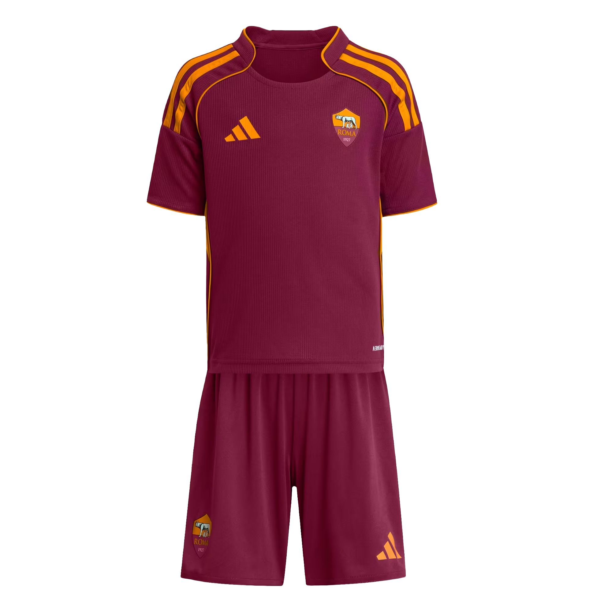 Mini_Kit_Home_25-26_Kids_AS_Roma_Bordeaux_JN6389_01_laydown Kit Infantil Roma I - 2025/26 - Imagem 1